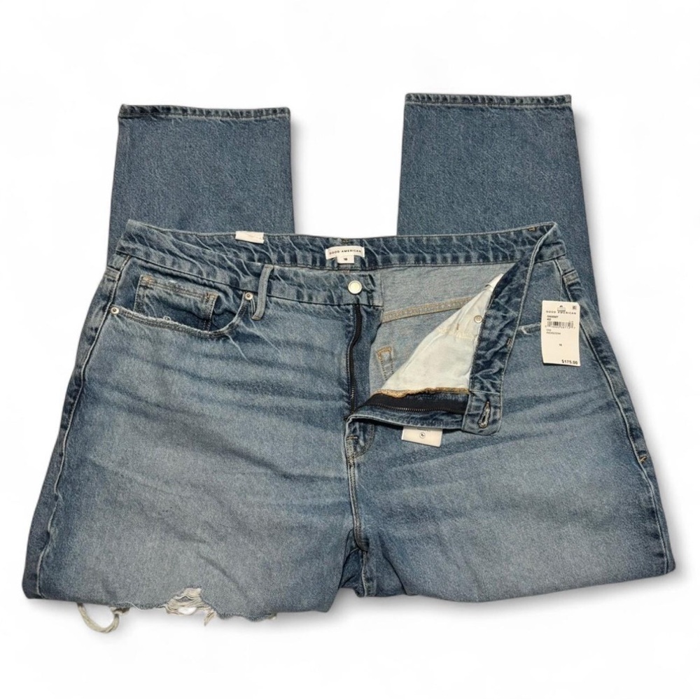 Good American Sz 18 Good Boy Jeans High Rise Straight Leg Distressed Light Wash - Picture 5 of 7